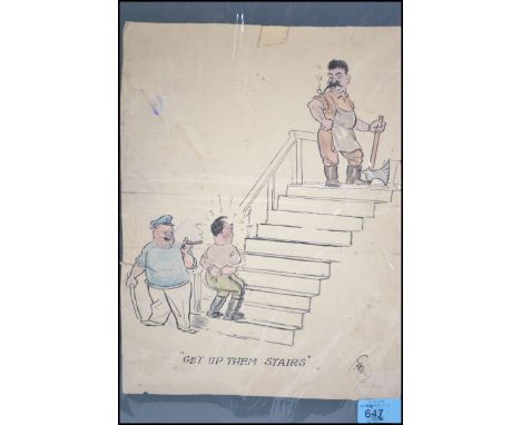 cWWII Wartime original pen/ink cartoon showing cigar smoking Churchill telling Adolf Hitler to ascend staircase for decapitat