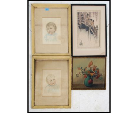A collection of vintage early 20th century framed and glazed portrait paintings of children together with other pictures plea