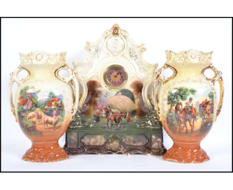 A late 19th early 20th century Staffordshire transfer printed clock surround with near matching garniture. The clock surround