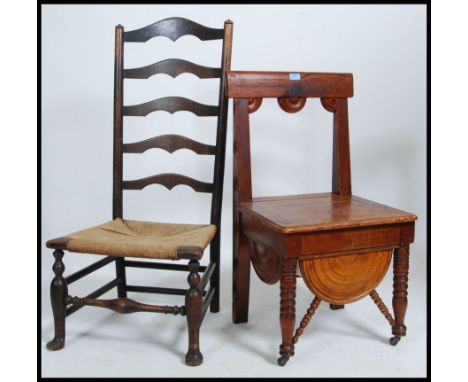 A vintage Victorian mahogany William &amp; Mary revival commode chair with ceramic inner together with a vintage ladder back 