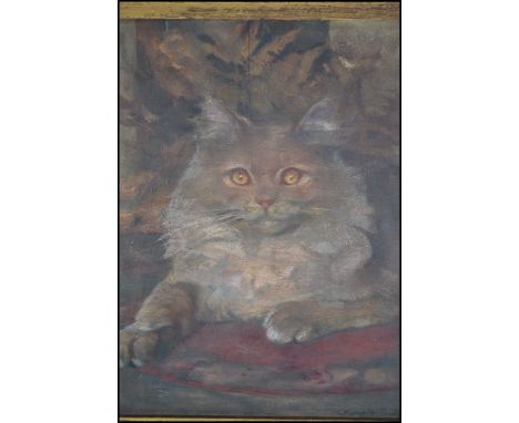 A framed early 20th century oil on board portrait painting of a cat, titled Freddie signed to corner C. Plimpton Smith togeth