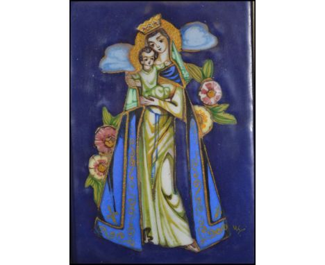 An early 20th century believed Limoges enamel painted ceramic plaque of a religious scene - Icon. Set within white frame. The