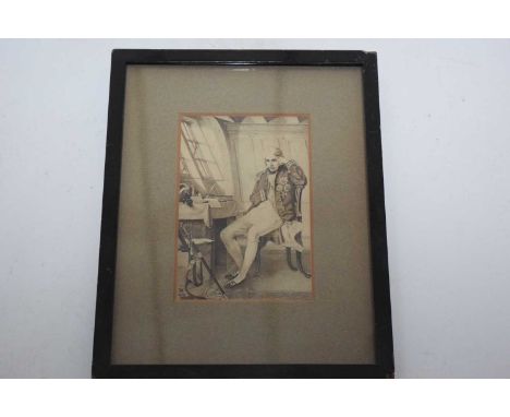 Early 20th Century Portrait of Nelson seated at his desk in his cabin. Engraving, monogrammed, 1909. 6x4ins