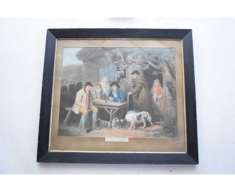 After George Morland (British, 18th Century) 'Playing at Domino's.'. Coloured lithograph. 19x23.5ins.