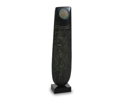 λ Peter Hayes (British b. 1946)Black TotemSculpture with patina disc, raku semi porcelainHeight 49.5cm Provenance:Courcoux & 