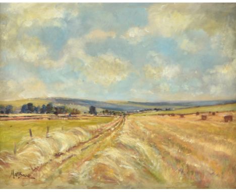 λ Matt Bruce (British 1915-2000)Hay makingOil on board Signed lower left36 x 46.5cm (14 x 18¼ in.)Condition Report: Light sur