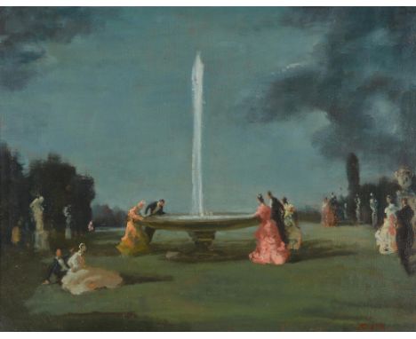 λ Raoul Millais (British 1901-1999)Figures by a fountain in a parkOil on canvasSigned lower right18 x 24cm (7 x 9¼ in.)Condit