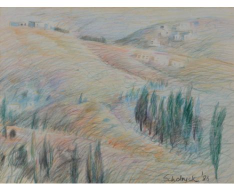 Olivia Scholnick (South African 1927-2013) Jerusalem, View from the Mishkenot Crayon and pencil  Signed and dated 83 lower ri