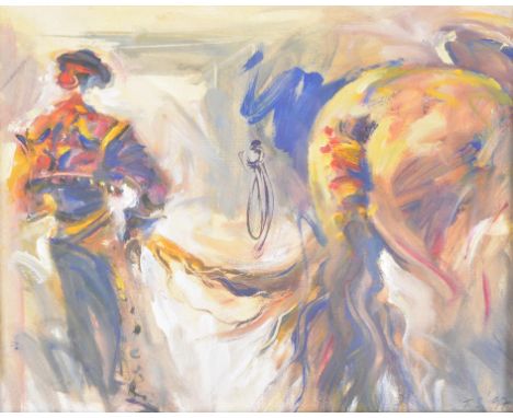 Tabitha Salmon (British b.1955)Preparing for the Feria,Seville, 1997Oil on paperSigned with initials and dated 97 lower right