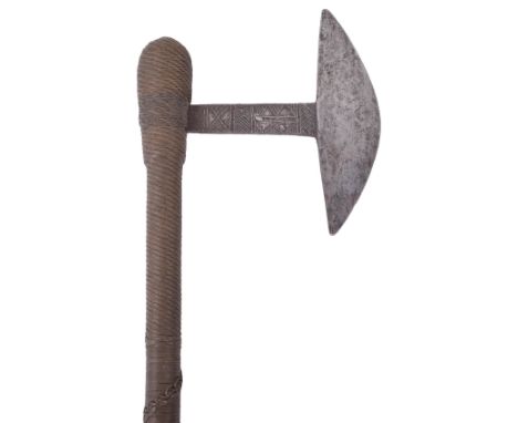 Shona Axe, being a small type example with half moon axe head and tang with geometric engraved design set into wood haft whic