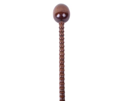 Zulu Chiefs Knobkerrie / Staff, fine example of a light coloured polished hardwood with oval ball top and finely ribbed shaft