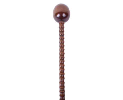 Zulu Chiefs Knobkerrie / Staff, fine example of a light coloured polished hardwood with oval ball top and finely ribbed shaft