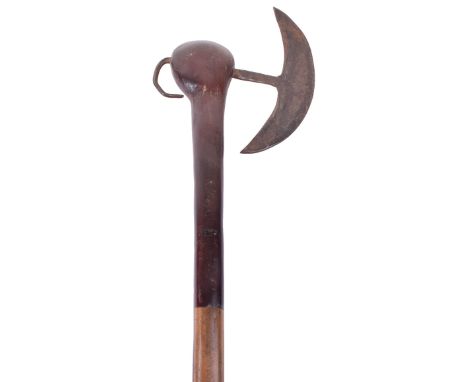 Zulu Battle Axe with Engraved Panel, interesting axe with crescent moon axe head, plain tang and rear curved hook spike. Wood
