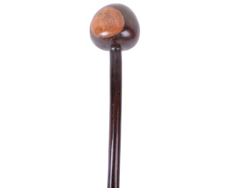 Zulu Warriors Knobkerrie, good early example with mushroom cup type head in two tone coloured wood. Plain wooden shaft with s