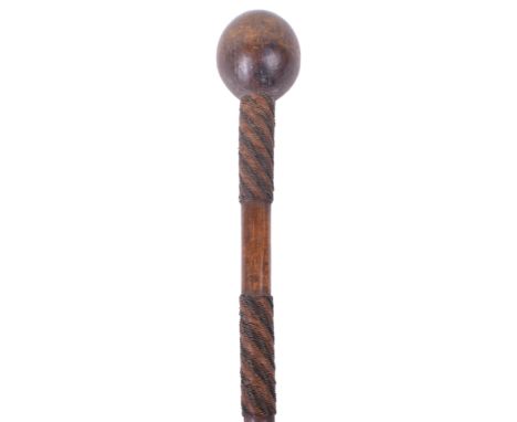 Zulu Status Knobkerrie, light coloured hardwood example with small bulbous head. Shaft with five sections of two tone wire bi