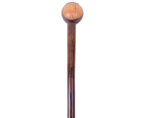 Zulu Knobkerrie / Staff, hardwood club with small bulbous head having engraved silver disc mounted to the top with engraved e