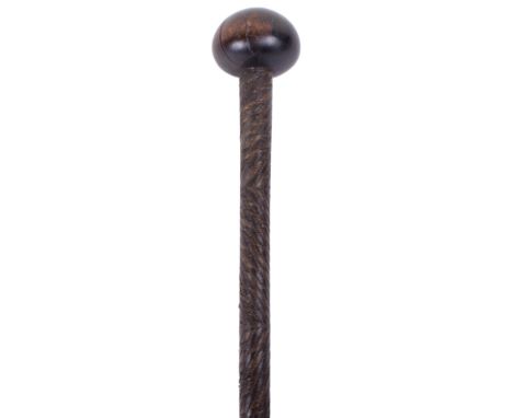 Zulu Chiefs Knobkerrie, dark hardwood example with small bulbous mushroom shaped type head. The two tone shaft with two secti