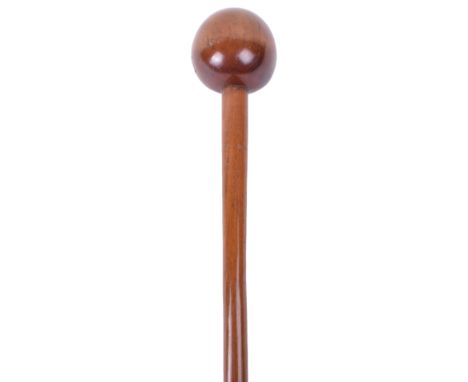 Zulu Knobkerrie, fine polished two tone wood example with the bulbous head having one stress crack. The shaft with pointed ti