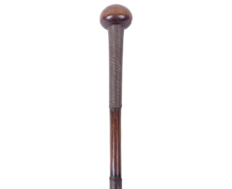 Zulu High Ranking Staff / Knobkerrie, hardwood example with small type bulbous head. The shaft decorated with three sections 