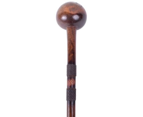 Zulu Knobkerrie, good example with large bulbous head and the shaft with sections of copper wire binding, two thick sections 