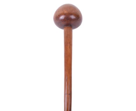 Zulu Warriors Knobkerrie, good example of a light coloured hard wood example with mushroom type head top and long wooden shaf