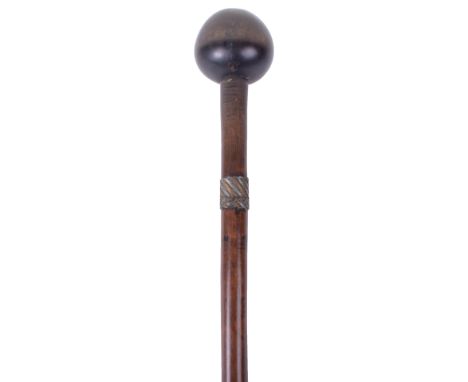 Zulu Knobkerrie, good early example with oval type head and the shaft with three sections of two tone wire binding. The head 