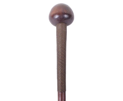 Zulu Knobkerrie, fine early example with a oval mushroom style head and tapering shaft which has two sections of two tone wir