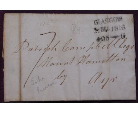 Great Britain 1816 Postal History EL dated Glasgow 23 Dec 1816 posted to Mount Hamilton Ayr, Glasgow 3 line cancel. Glasgow/2