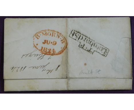 Great Britain 1824 Postal History EL dated 8 June 1824 Manuscript 2, black boxed T.P. Lombard St cancel, Red oval 8 MORN.8./J