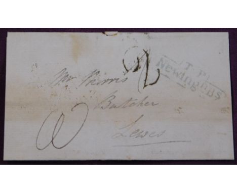 Great Britain 1829 Postal History Wrapper posted to Lewes. Manuscript 2 boxed Newing T.P. B.S. Cancel, 2 black cancels on rev