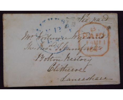 Great Britain 1843 Postal History - envelope posted to Clitheroe. Manuscript Paid, red B/Paid/11AU11/1843 cancel, blue Clithe