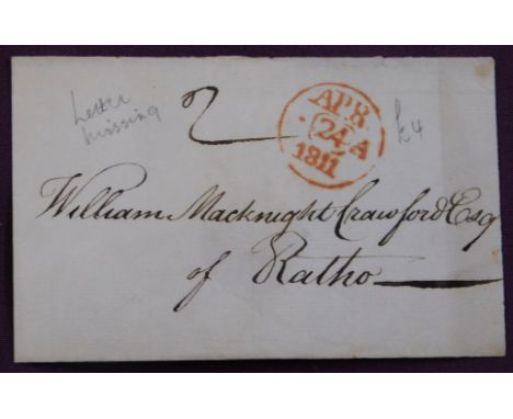 Great Britain 1811 Postal History EL but text removed, dated Queen Street April 23rd posted to Ratho. Manuscript 2, Red APR/-