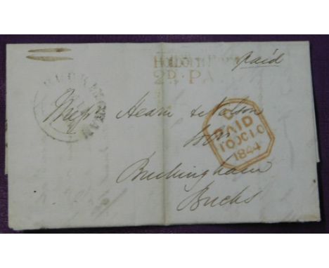 Great Britain 1844 Postal History EL dated 1844 posted to Buckingham. Manuscript Paid, red 2 line Holborn Bars 2D Paid, red O