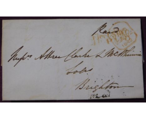Great Britain 1842 Postal History EL dated Temple Bar Nov 22 1842 posted to Brighton. Manuscript Paid, red 2 line Fleet St 1D