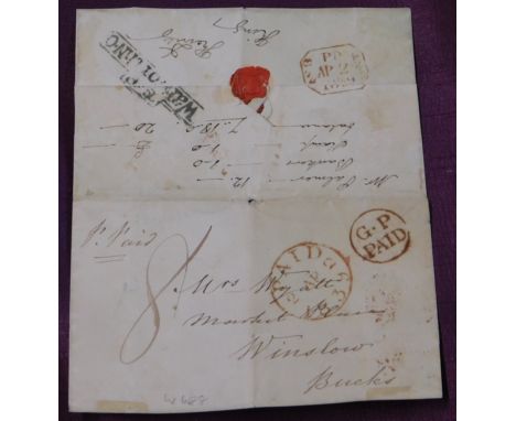 Great Britain 1839 Postal History Wrapper piece posted to Winslow. Manuscript 8 and P. Paid Red G.P./Paid and Paid/2APR2/1839