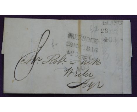 Great Britain 1816 Postal History part of EL dated Greenock 27 May 1816, manuscript 8, Greenock/28 May 1816/420 - cancel and 