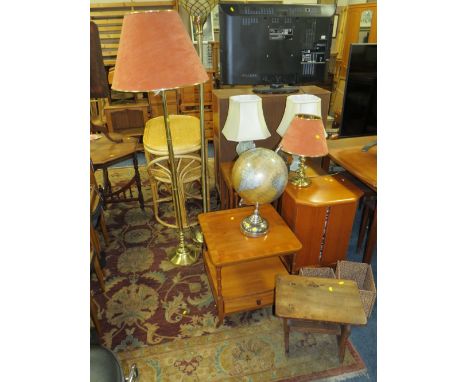 A MID CENTURY TEAK NEST OF TABLES, CD CABINET AND CONTENTS, OCCASIONAL TABLE , TWO STANDARD LAMPS, GLOBE AND STOOL ETC