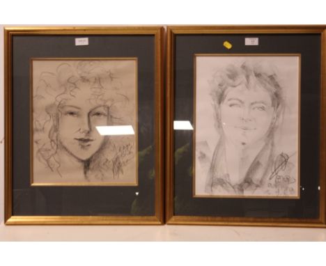 TWO MIXED MEDIA PORTRAIT SKETCHES TOGETHER WITH FRAMED MUSIC SCORES (4)