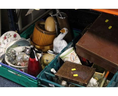 TWO TRAYS OF ASSORTED CERAMICS AND SUNDRIES TO INCLUDE RETRO SYPHON, DENBY GLYN COLLEDGE POT, SMALL VINTAGE SUITCASE, MODEL A