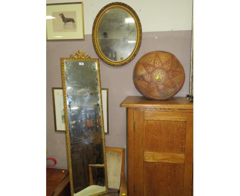 A VINTAGE GILT RECTANGULAR MIRROR, OVAL MIRROR AND EASTERN STOOL (3)