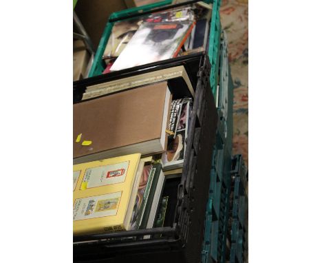 A LARGE COLLECTION OF BOOKS AND MAGAZINES ETC CONTAINED IN FIVE TRAYS, TO INCLUDE RAILWAY, VEHICLE RELATED EXAMPLES, VARIOUS 