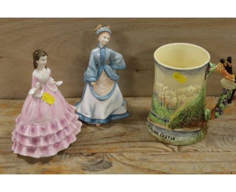 A MUSICAL STERLING CASTLE CERAMIC TANKARD TOGETHER WITH TWO ROYAL WORCESTER FIGURES - BOTH WITH DAMAGES