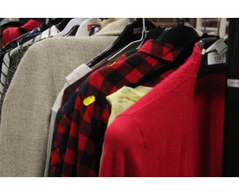 `A COLLECTION OF LADIES VINTAGE AND MODERN CLOTHING TO INCLUDE VICTOR EDELSTEIN OF LONDON RED EVENING DRESS, KNITWEAR, COATS,