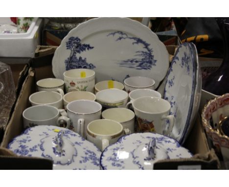 TWO BOXES OF ASSORTED CERAMICS AND GLASSWARE TO INCLUDE PORTMEIRION PURPLE GLASS BOWL AND VASE, ROYAL WORCESTER TWIN HANDLED 