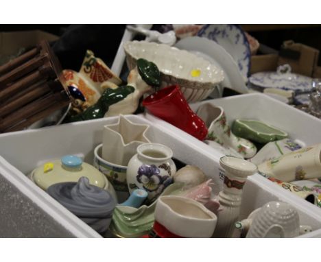 THREE BOXES OF ASSORTED CERAMICS AND COLLECTABLES TO INCLUDE AYNSLEY, SPODE, ETC, A MOORLAND WALL HANGING  FACE MASK, NURSERY