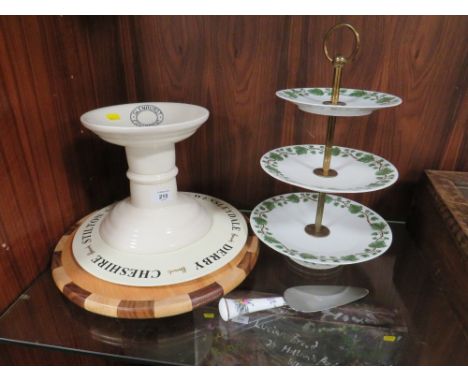 A MASONS HAM STAND TOGETHER WITH A HARRODS CHEESE PLATE, LAZY SUSAN, ROYAL WORCESTER CAKE SLICE  AND A THREE TIER CAKE STAND 