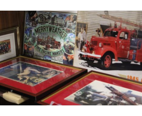 A SELECTION OF FIRE ENGINE SIGNS AND FRAMED PICTURES ETC
