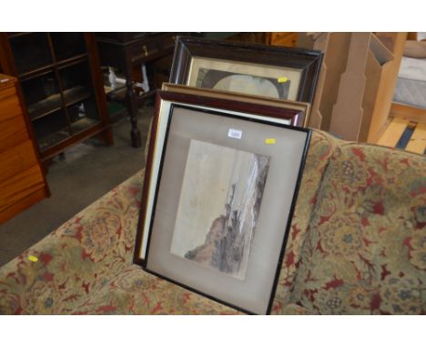 An oil on board seascape; together with a watercolour similar; a coloured print of a moorland scene and a print entitled "Wed