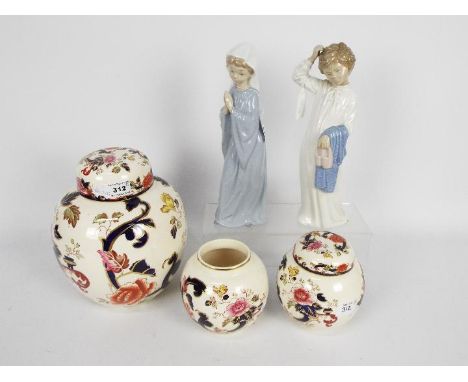 Lot to include three Masons Mandalay pattern ginger jars, largest 23 cm (h), one lacking cover and two Nao figurines. [5]