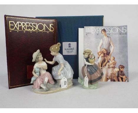 A Lladro figurine # 5223 Spring Is Here, a Nao figurine and a Lladro Collectors Society box containing binder and ephemera (n